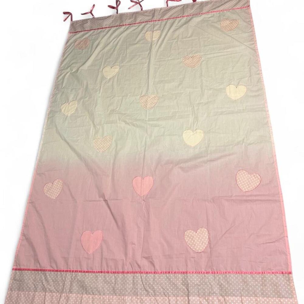 56” x 80” curtain panel pink and white ombre with heart appliqués ribbon loops